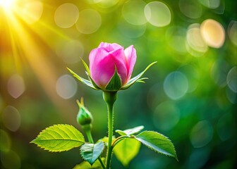 Obraz premium Delicate Pink Wild Rose Bud Unfolding in Spring Forest - Minimalist Photography
