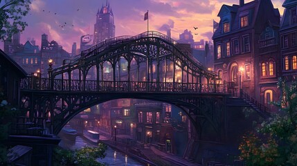 Obraz premium Ornate Bridge Over Canal In Twilight Cityscape