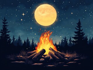 Campfire Under a Serene Full Moon: A Nighttime Forest Scene - obrazy, fototapety, plakaty