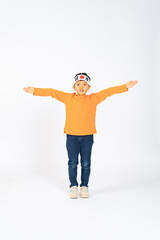 boy, elementary school student, headband, cheer squad, sports day, full body, cheer, yell, hooray, japan, hinomaru, japanese, asian, male, man, child, education, casual, elementary school, dance, perf