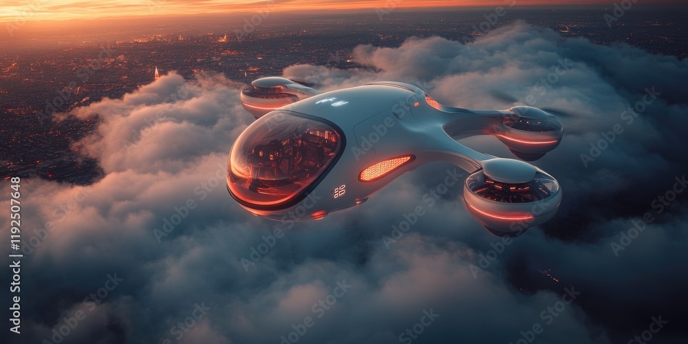 Aufkleber a futuristic flying vehicle soars through the clouds, ideal for use in sci-fi and technology-themed 