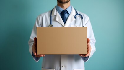 Doctor holding a cargo parcel delivery box with medicine or supplies