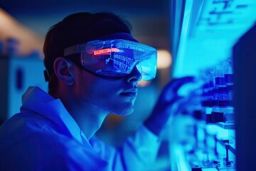 Scientist Wearing VR Headset in High-Tech Laboratory