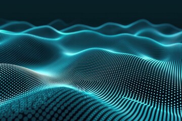 Abstract digital background with glowing blue wavy lines and dots