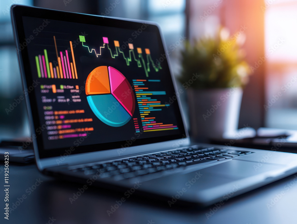 Poster business productivity concept. colorful data visualization on laptop screen with statistics and grap