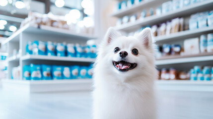 Cute white fluffy spitz puppy sits on the floor in a pet store. The dog looks at the shelves and at the bags of food. Choosing healthy, environmentally friendly food for your pet, veterinary medicine