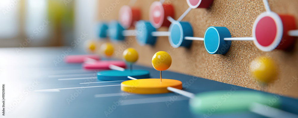 Poster business productivity concept. colorful wooden game pieces on a corkboard with pins and strings in a