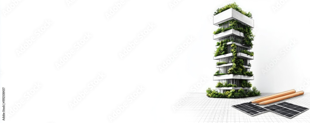Poster architect sketching concept. a modern building design with greenery integrated for sustainability an