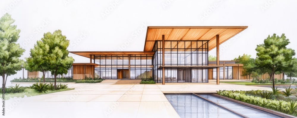 Poster architect sketching concept. modern architectural design featuring large glass windows and wooden el