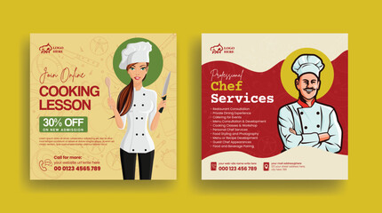 Restaurant chef job hiring, culinary training center and online cooking school class social media posts banner set, ads template or square flyer with chef flat illustration bundle design