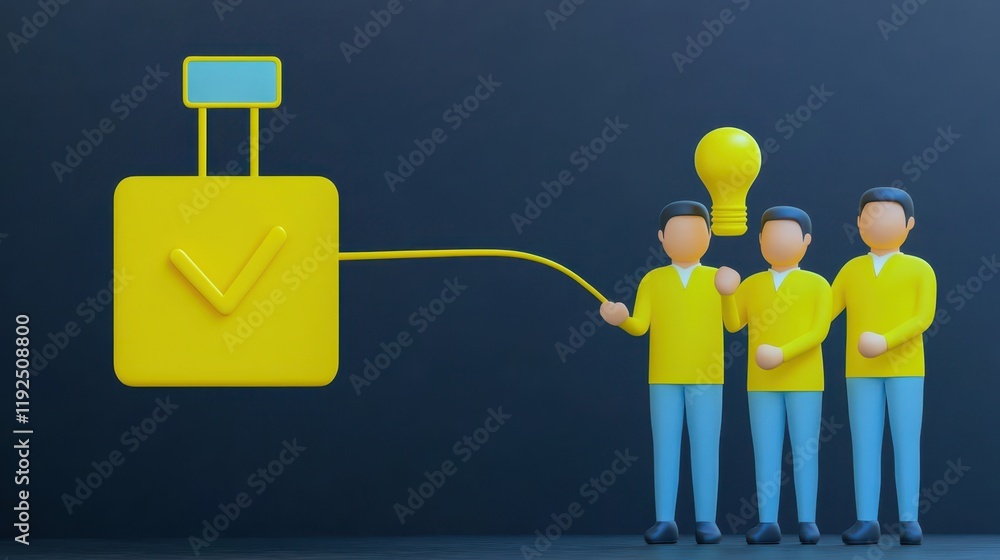 Poster business productivity concept. three cartoon characters with lightbulb and check mark representing i