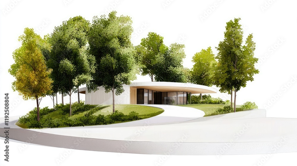 Poster architect sketching concept. modern architectural design surrounded by lush greenery and sleek lands
