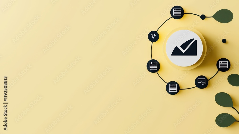 Poster business productivity concept. simplified workflow management concept with checkmark symbol and icon