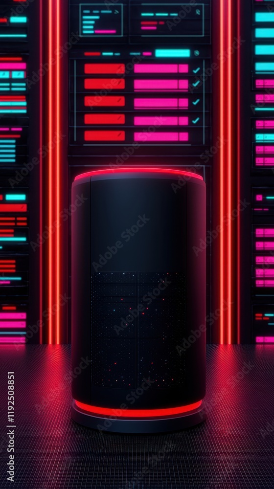 Poster business productivity concept. modern data center with glowing server and neon lights creating a fut