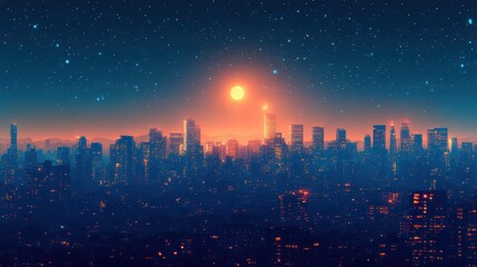 Obraz premium Nighttime skyline silhouette, minimalistic design featuring illuminated windows, modern urban aesthetic, vibrant city life representation