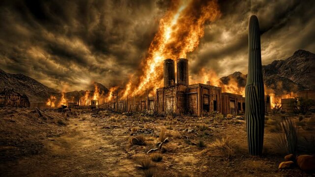 Desolate landscape with burning buildings in a wasteland under ominous skies