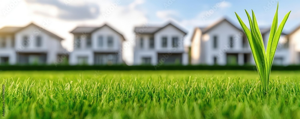 Poster architect project idea. a close-up of fresh grass with residential houses blurred in the background.