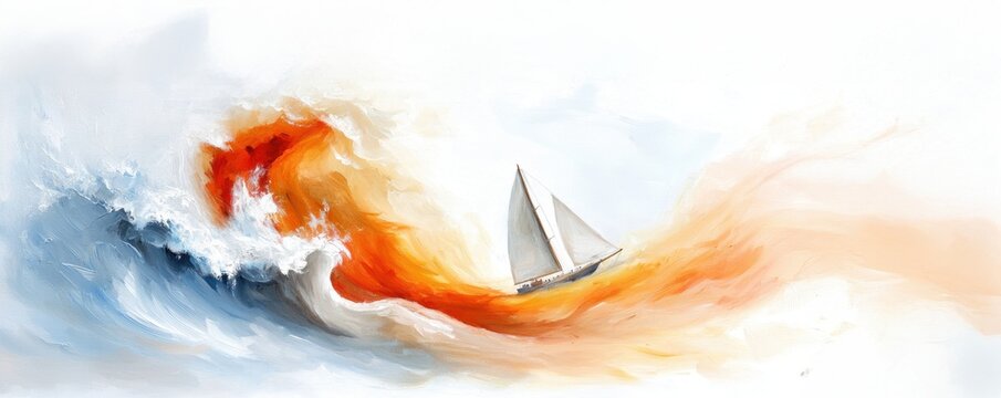A serene watercolor painting features a sailboat navigating through vibrant waves of blue and orange.