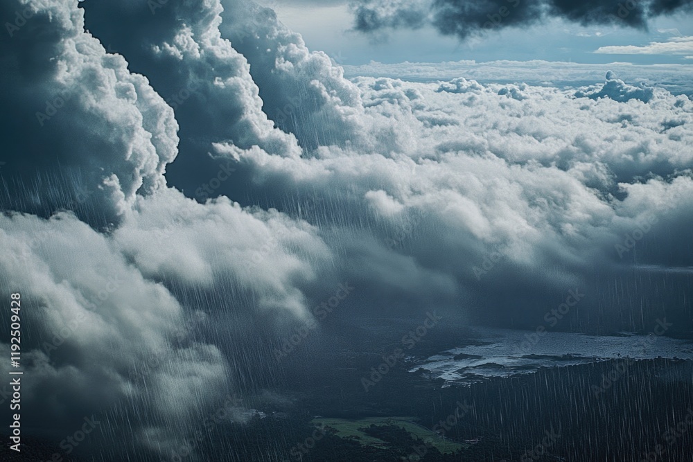 Poster view from airplane window showing clouds and blue sky