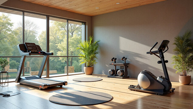 Modern home gym with exercise equipment and natural light