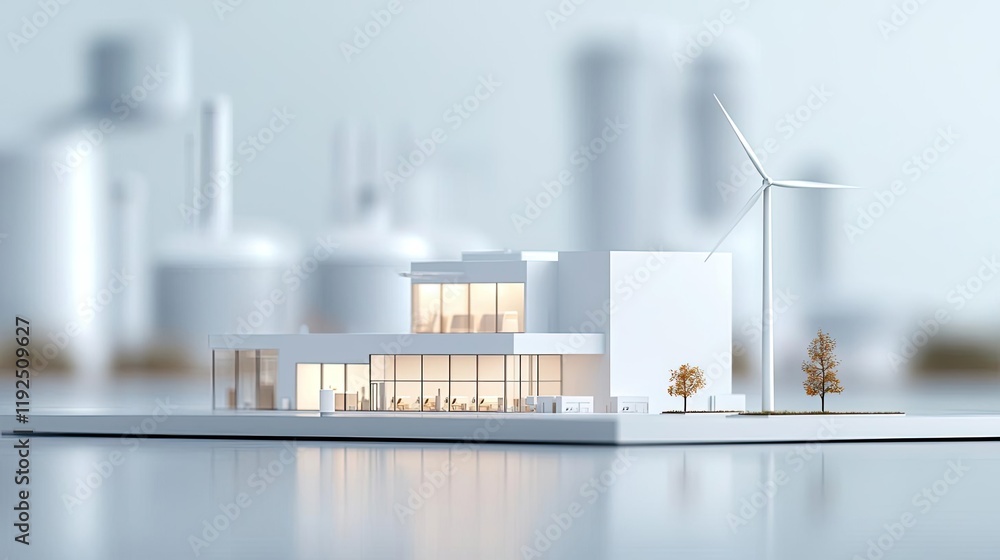 Poster architect blueprint idea. modern eco-friendly architectural model with wind turbine and natural elem