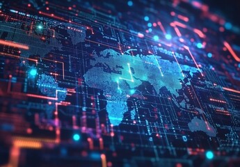 Abstract world map with glowing connections and global network concept on a dark background