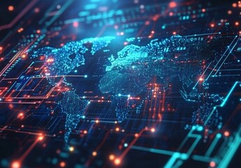 Obraz premium Abstract world map with glowing connections and global network concept on a dark background