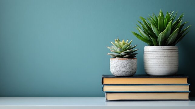 Succulents and books arranged on a shelf against a teal wall in a cozy indoor setting