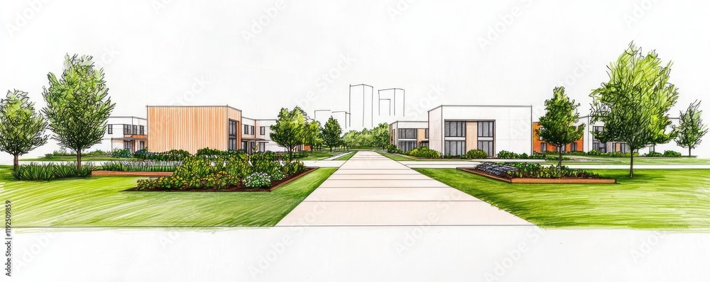 Poster Architect sketching concept. An artistic rendering of modern buildings surrounded by greenery and pathways.