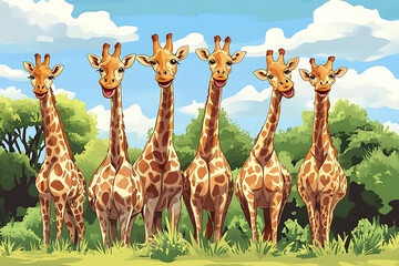 Naklejka premium A cheerful group of six cartoon giraffes standing together in a lush green environment.