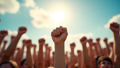 Fists raised up to the sky during a concert or political rally