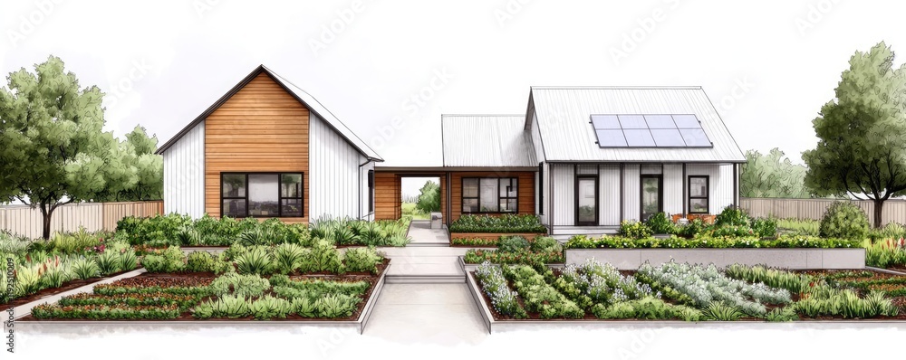 Poster architect sketching concept. modern house design with solar panels surrounded by lush gardens and pa