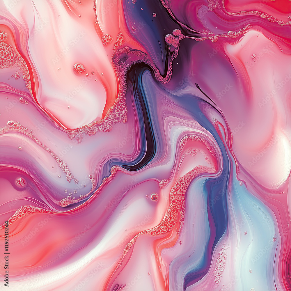 Poster Harmonious interweaving of lines in soft pinks, blues and reds. Undulating swirling shapes are layered to create a sense of depth and movement