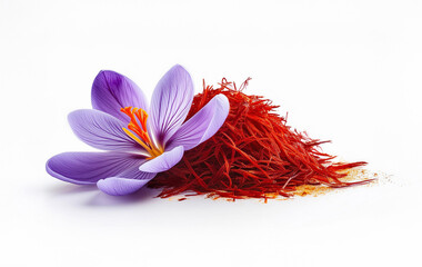 Saffron flower and saffron spice aroma isolated, Saffron flower isolated on white background. 