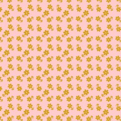 Soft pink and mustard small floral seamless pattern with simple flowers and leaves. Perfect for fabrics, kids’ prints, gift wrap and digital backgrounds.