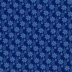Deep navy ditsy daisy seamless floral pattern with soft blue flowers and leaves. Great for fabric, wallpapers, stationery, and modern textile design.