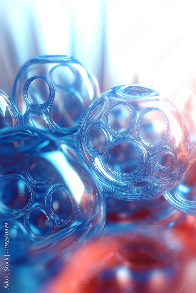 Fototapete illustration of abstract transparent glass spheres shimmering with light in cool blue and warm orang