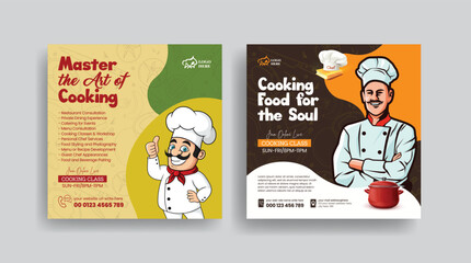 Set of online cooking class and chef job hiring social media posts banner, ads template, culinary training center social media banner or square flyer with chef flat illustration design