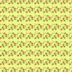 Retro-inspired seamless cherry pattern with orange and green fruits on pale yellow, perfect for kitchen textiles, summer decor, children’s design, and playful prints.