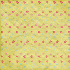 Wrinkled yellow paper texture with whimsical doodled flowers, hearts, leaves, and swirls, ideal for scrapbooking, kids’ crafts, wrapping paper, and fun decorative uses.