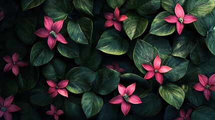 A lush arrangement of green leaves interspersed with vibrant pink flowers, creating a rich and textured natural scene.