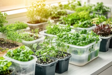 Indoor Herb Garden with Sunlit Greenery on a Windowsill ? Perfect for Home Gardening Inspiration