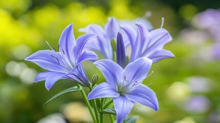 Cluster of delicate light purple flowers with star-shaped petals, set against a vibrant green and yellow blurred background.