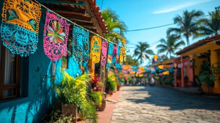 Obraz premium Colorful papel picado decorations brighten a vibrant street in a sunny coastal town in Mexico