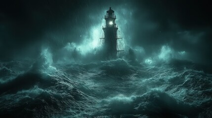 Dramatic Seascape with Lighthouse Amidst Turbulent Ocean Waves and Stormy Skies, Creating a Haunting and Mysterious Atmosphere