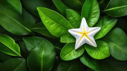 Wandering Jew flower - A white star-shaped flower with a yellow center resting on a background of vibrant green leaves.