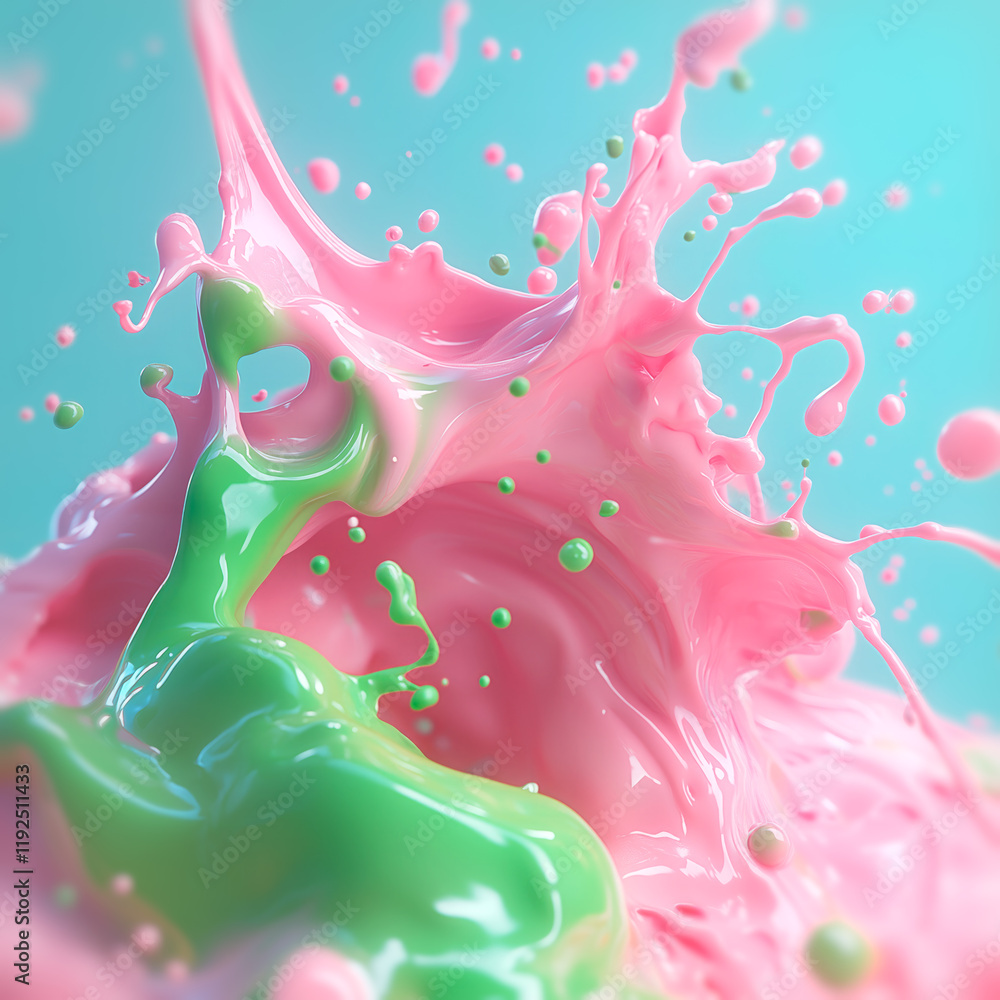 Leinwandbilder An abstract illustration with glossy streams of pink and green liquids that intertwine in the center. Splashes and drips create a dynamic effect on a contrasting blue background