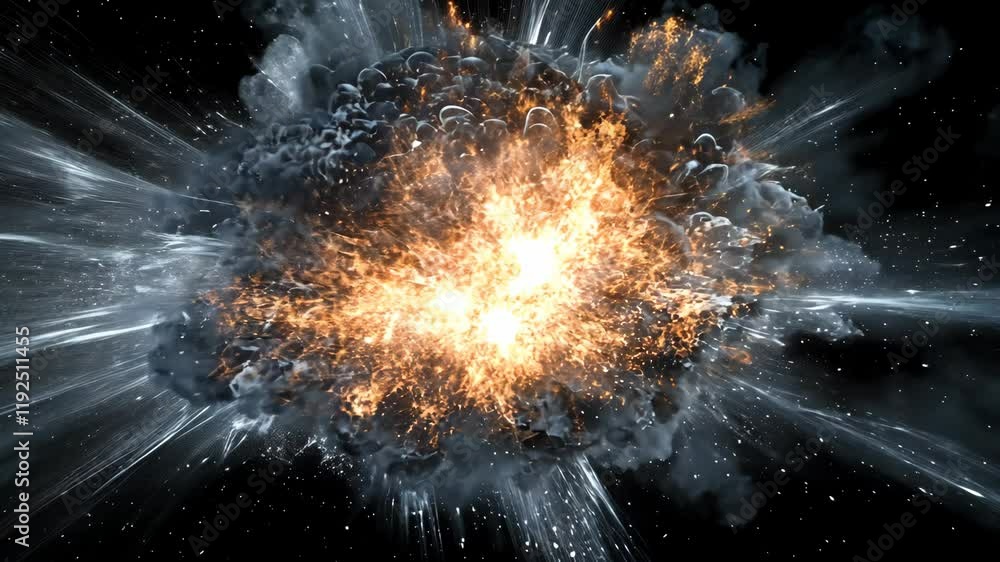 Poster bright explosion with debris and shockwaves visible against a dark background in a dynamic display o