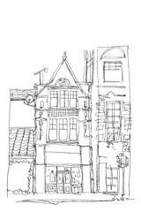 Architectural Sketch of a Classic China or Japanese Building, simple vector illustration