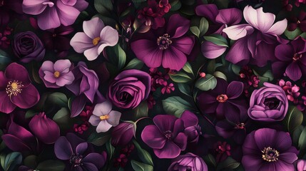 A vibrant arrangement of various purple flowers, including roses and violets, set against a dark background with green leaves.